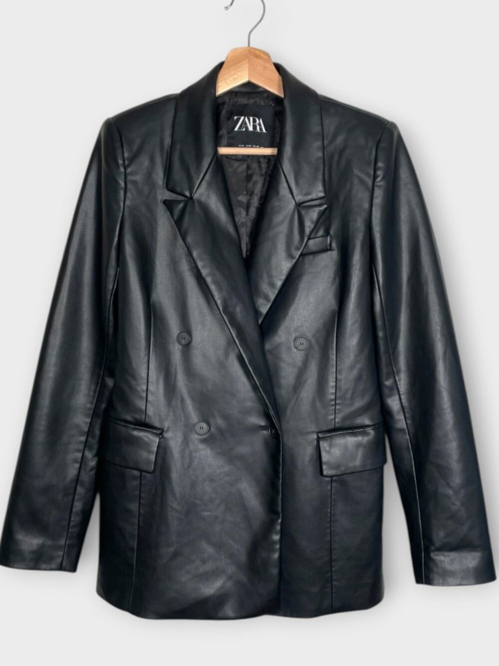 ZARA Faux Leather Blazer Jacket Woman's M Black Super Buttery Double Breasted